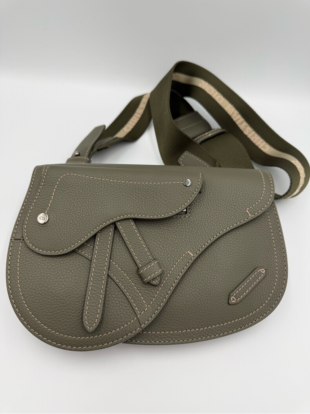 Dior Olive Saddle Crossbody Bag with Striped Strap UNUSED